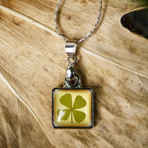 SUVANI Stainless Steel Real Four (4) Leaf Clover Good Luck Shamrock Square Pendant Necklace, 16-18 inches