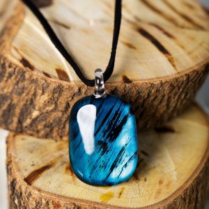 Hand Blown Venetian Murano Glass Blue and Black Oval Shaped Pendant Necklace, 18-20 inches