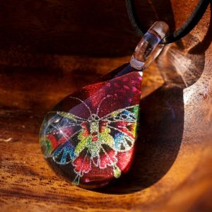Hand Blown Venetian Murano Glass Multi-Colored Butterfly Teardrop Pendant Necklace, 17-19 inches