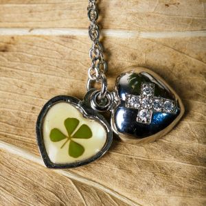 Stainless Steel Real Four Leaf Clover Open Heart Locket Cross Pendant Necklace, 16-18 inches