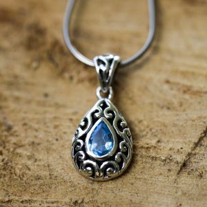 SUVANI Sterling Silver Filigree Blue Topaz Gemstone Teardrop Pendant Necklace w/ 18" Silver Chain