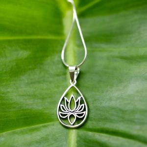 SUVANI Oxidized Sterling Silver Open Filigree Blossom Lotus Flower Teardrop Pendant Necklace, 18"
