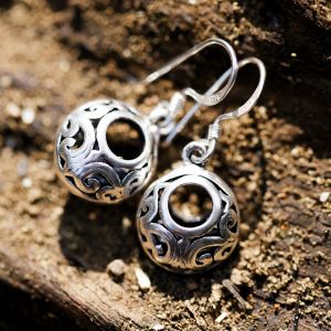 SUVANI 925 Oxidized Sterling Silver Bali Inspired Open Filigree Circle Dangle Hook Earrings