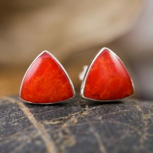 SUVANI 925 Sterling Silver Tiny Natural Red Sea Bamboo Coral Triangle 9 mm Post Stud Earrings