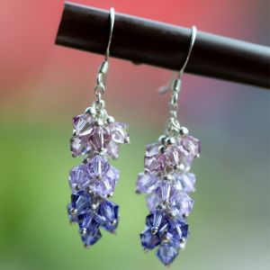 SUVANI 925 Sterling Silver Lavender Faceted Swarovski Crystal Beads Dangle Hook Earrings 1.6"
