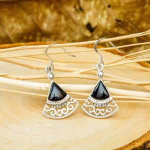 925 Sterling Silver Bali Inspired Filigree Black Onyx Gemstone Triangle Fan Dangle Earrings