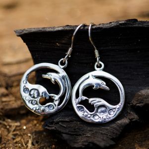 SUVANI 925 Sterling Silver Open Jumping Dolphin Playing Sea Waves Round Dangle Hook Earrings 1.25"
