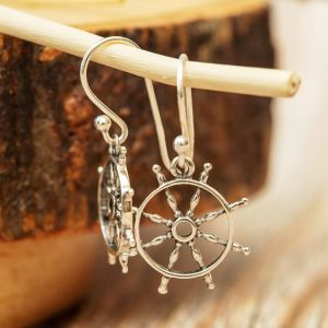 SUVANI 925 Sterling Silver Open Navy Sailor Ship Wheel Symbol Dangle Hook Earrings 1.1"
