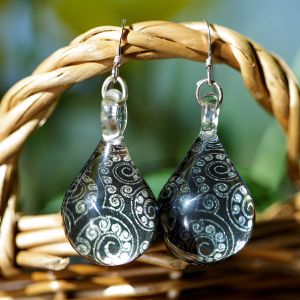 SUVANI Sterling Silver Hand Blown Murano Glass Abstract Black Silver Glitter Waterdrop Dangle Earrings