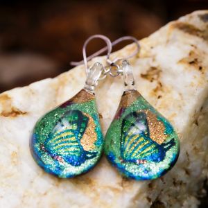 SUVANI Sterling Silver Glass Jewelry Green Glittery Butterfly In The Garden Teardrop Earrings