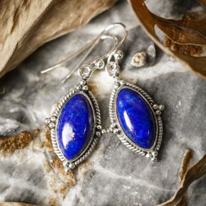 SUVANI Sterling Silver Lapis Lazuli Gemstone Vintage Marquise Shape Rope Edge Dangle Hook Earrings 1.4"