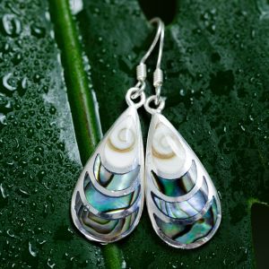SUVANI Sterling Silver Shiva Eye and Green Abalone Shell Inlay Teardrop Dangle Hook Earrings 1.4"