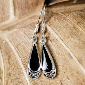 SUVANI 925 Sterling Silver Bali Inspired Black Onyx Gemstone Celtic Design Dangle Hook Earrings
