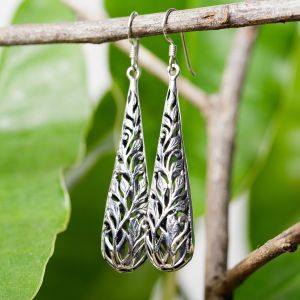 SUVANI Oxidized Sterling Silver Bali Inspired Open Filigree Puffed Teardrop Dangle Hook Earrings 2.3"