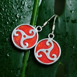 SUVANI Sterling Silver Triple Spiral Triskele Triskelion Celtic Symbol Red Coral Dangle Hook Earrings 1.3"