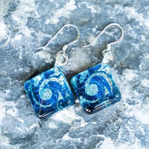 SUVANI Sterling Silver Glass Jewelry Glittery Blue Sea Wave Design Dangle Square Earrings