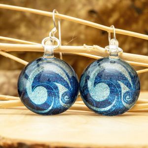 SUVANI Sterling Silver Glass Jewelry Glittery Blue Sea Wave Design Dangle Round Earrings