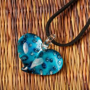 Hand Blown Venetian Murano Glass Blue with Tiny Flowers Pendant Necklace, 18-20 inches