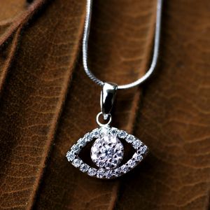 SUVANI Rhodium Plated 925 Sterling Silver CZ Cubic Zirconia Evil Eye Protection Pendant Necklace, 18 inches