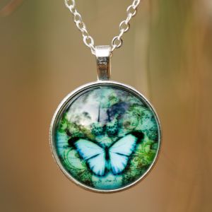 SUVANI Twin Blue Butterfly Glass Cabochon Art Vintage Pendant Necklace Adjustable Link Chain 20 - 22 inches