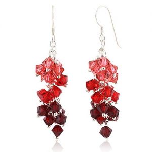 925 Sterling Silver Red Faceted Swarovski Crystal Beads Dangle Hook Earrings