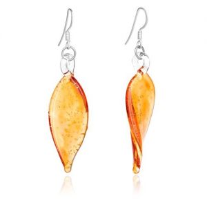 925 Sterling Silver Hand Blown Venetian Murano Glass Orange Leaf Long Dangle Long Earrings