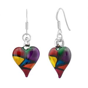 925 Sterling Silver Hand Blown Venetian Murano Glass Multi Color Heart Shaped Dangle Earrings