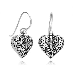 SUVANI 925 Oxidized Sterling Silver Open Filigree Butterfly Puffed Heart Dangle Hook Earrings