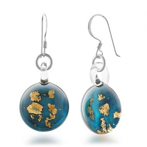 925 Sterling Silver Hand Blown Venetian Murano Glass Golden Stardust Blue Sky Dangle Earrings
