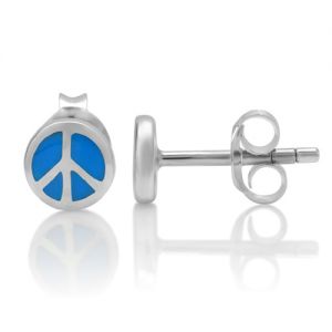 925 Sterling Silver Tiny Blue Hippie Peace Sign Round 6 mm Post Stud Earrings