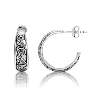 925 Oxidized Sterling Silver Bali Inspired Filigree Half Hoop Post Earrings