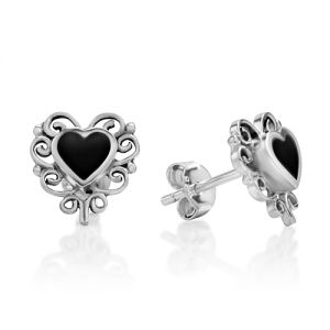 925 Sterling Silver Bali Inspired Black Onyx Gemstone Filigree Heart 11 mm Post Stud Earrings