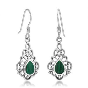925 Sterling Silver Bali Inspired Green Malachite Gemstone Filigree Dangle Hook Earrings
