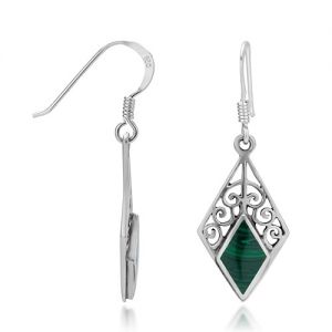 925 Sterling Silver Bali Inspired Malachite Gemstone Diamond-Shaped Filigree Dangle Hook Earrings