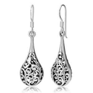 SUVANI 925 Oxidized Sterling Silver Bali Inspired Filigree Puffed Raindrop Dangle Hook Earrings