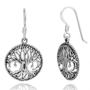 925 Sterling Silver Detailed Celtic Tree of Life Round Dangle Hook Earrings