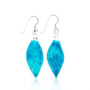 925 Sterling Silver Hand Blown Venetian Murano Glass Glitter Blue Leaf Dangle Long Hook Earrings 2