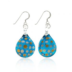 Sterling Silver Hand Blown Venetian Murano Glass Glitter Blue Polka Dots Dangle Hook Earrings 1.7