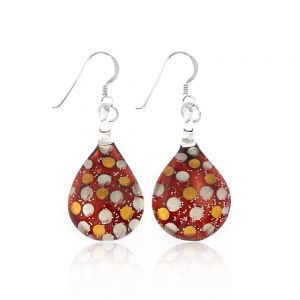 Sterling Silver Hand Blown Venetian Murano Glass Glitter Red Polka Dots Dangle Hook Earrings 1.7