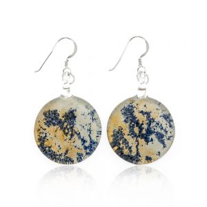 Sterling Silver Hand Painted Murano Glass Antique Art Gold Blue White Round Dangle Earrings 1.8"