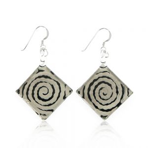 Sterling Silver Hand Painted Murano Glass Black White Circle Swirl Square Dangle Hook Earrings 2"