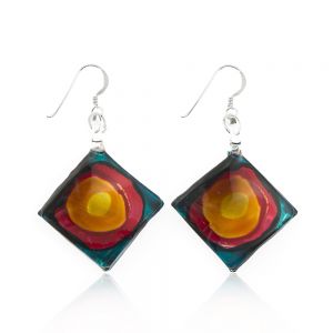 Sterling Silver Hand Painted Murano Glass Blue Red Orange Art Square Dangle Earrings 2