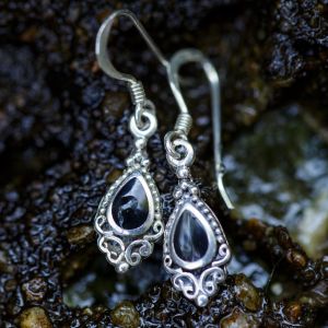 925 Sterling Silver Bali Inspired Black Onyx Gemstone Black Filigree Dangle Hook Earrings