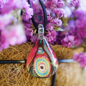 Hand Blown Venetian Murano Glass Multi-Color Pink Peacock Feather Pendant Necklace, 17-19 inches