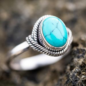 925 Sterling Silver Reconstituted Turquoise Stone Oval Rope Edge Vintage Band Ring Size 6, 7, 8