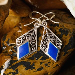 SUVANI 925 Sterling Silver Bali Inspired Blue Gemstone Diamond-Shaped Filigree Dangle Hook Earrings