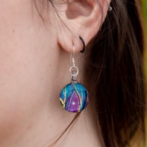925 Sterling Silver Hand Painted Murano Glass Multi-colored Peacock Feather Round Dangle Earrings