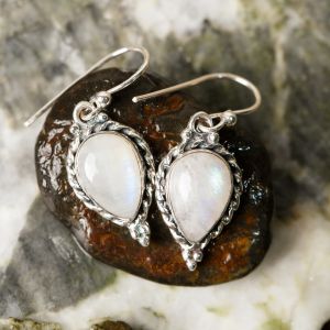 SUVANI Sterling Silver Moonstone Gemstone Pear Shaped Rope Edge Vintage Dangle Hook Earrings 1.4"