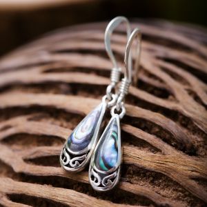 SUVANI Sterling Silver Bali Inspired Green Abalone Shell Celtic Design Dangle Hook Earrings