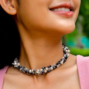 Silk Thread Natural Black White Cultured Freshwater Pearl Strand Cluster Necklace, 16-18 inches